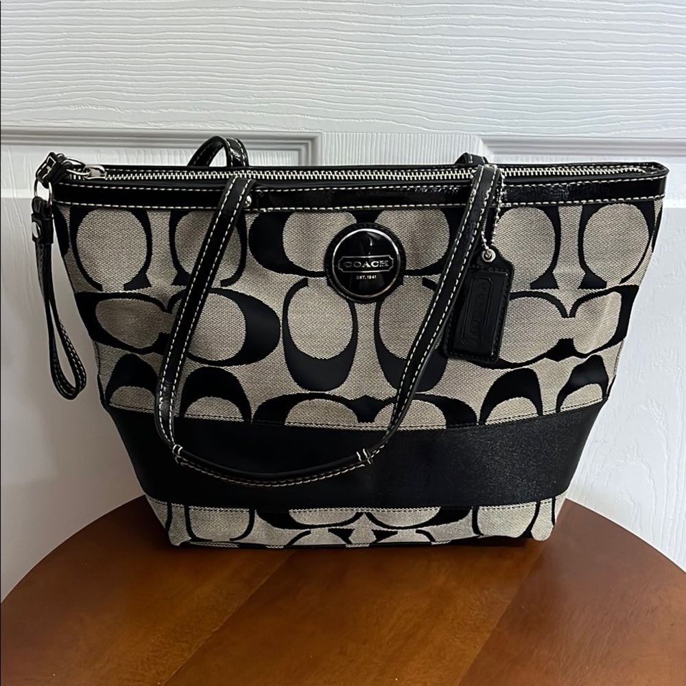 Coach Signature Monogram Canvas Tote Bag Black Gray - NWOT